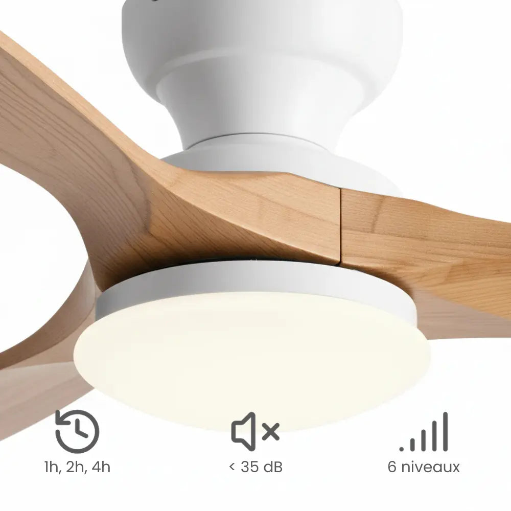 Ventilateur de plafond silencieux NEMA - Bois naturel, LED intégrée