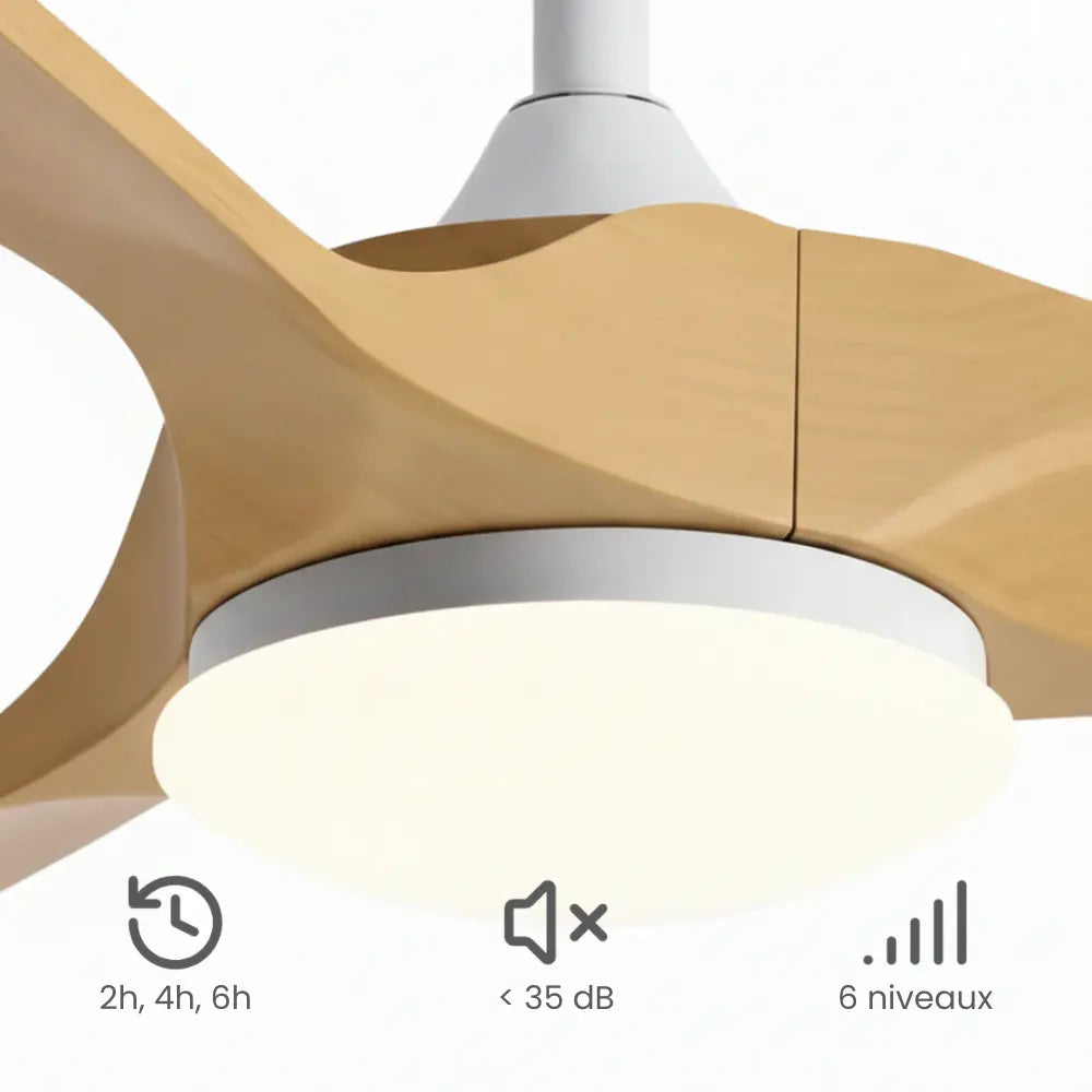 Ventilateur de plafond silencieux SANO - Couleur bois naturel, LED intégrée