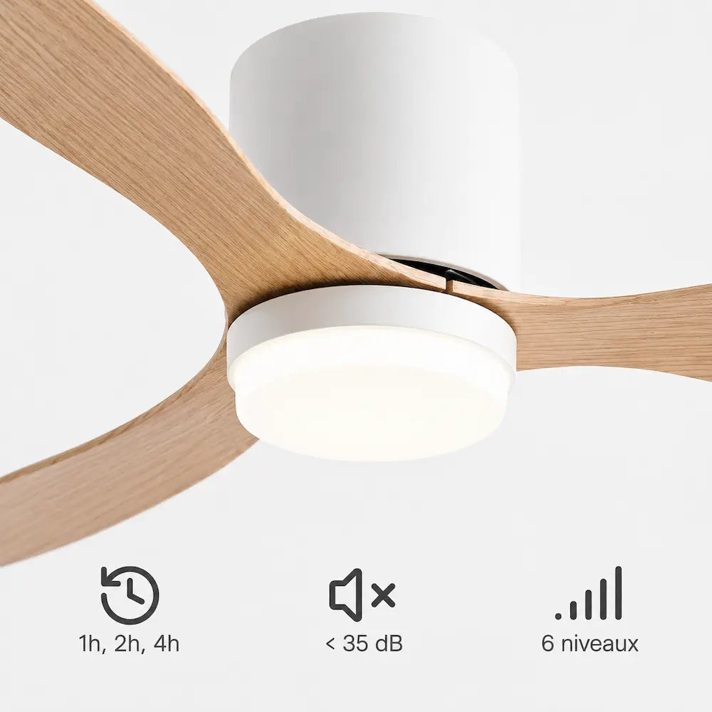 Ventilateur de plafond silencieux DIME - Couleur bois clair, LED intégrée