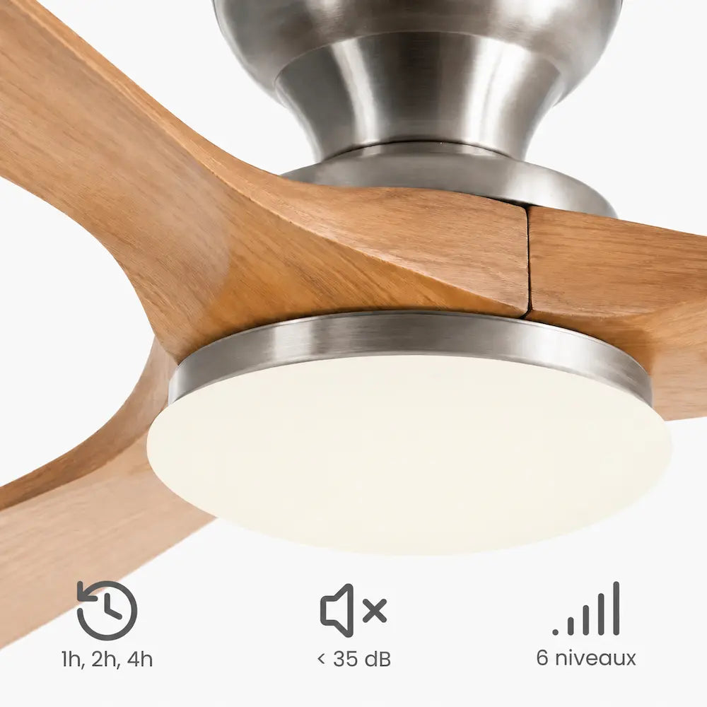 Ventilateur de plafond silencieux VENI - Bois naturel, LED intégrée