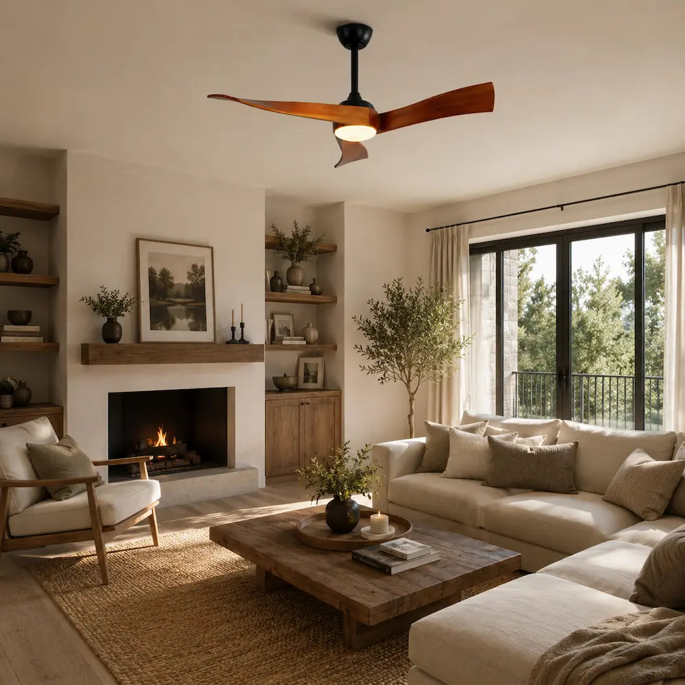 Ventilateur de plafond en bois couleur foncé pour salon 