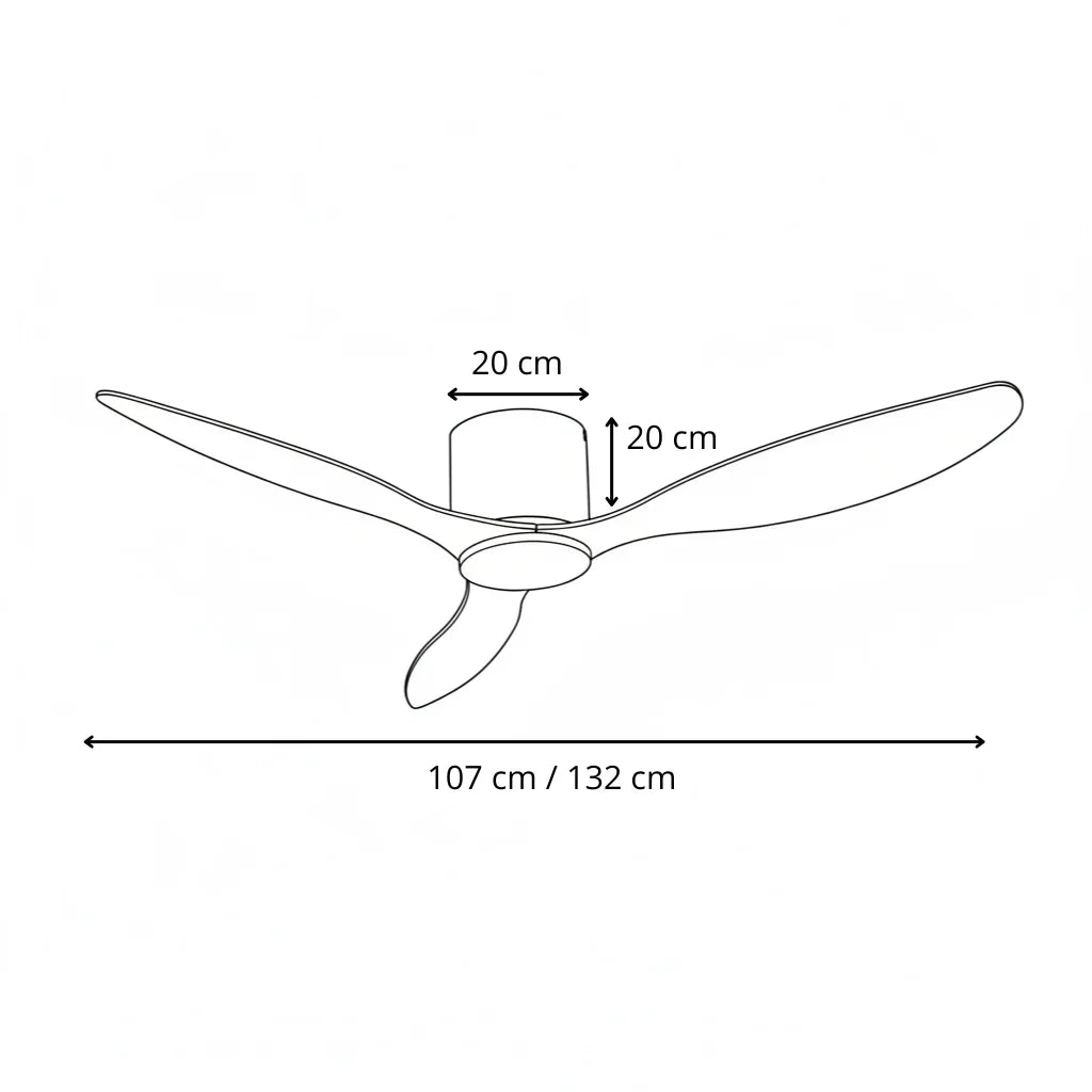 Dessin de dimensions de ventilateur de plafond en bois clair télécommandé sans lumière