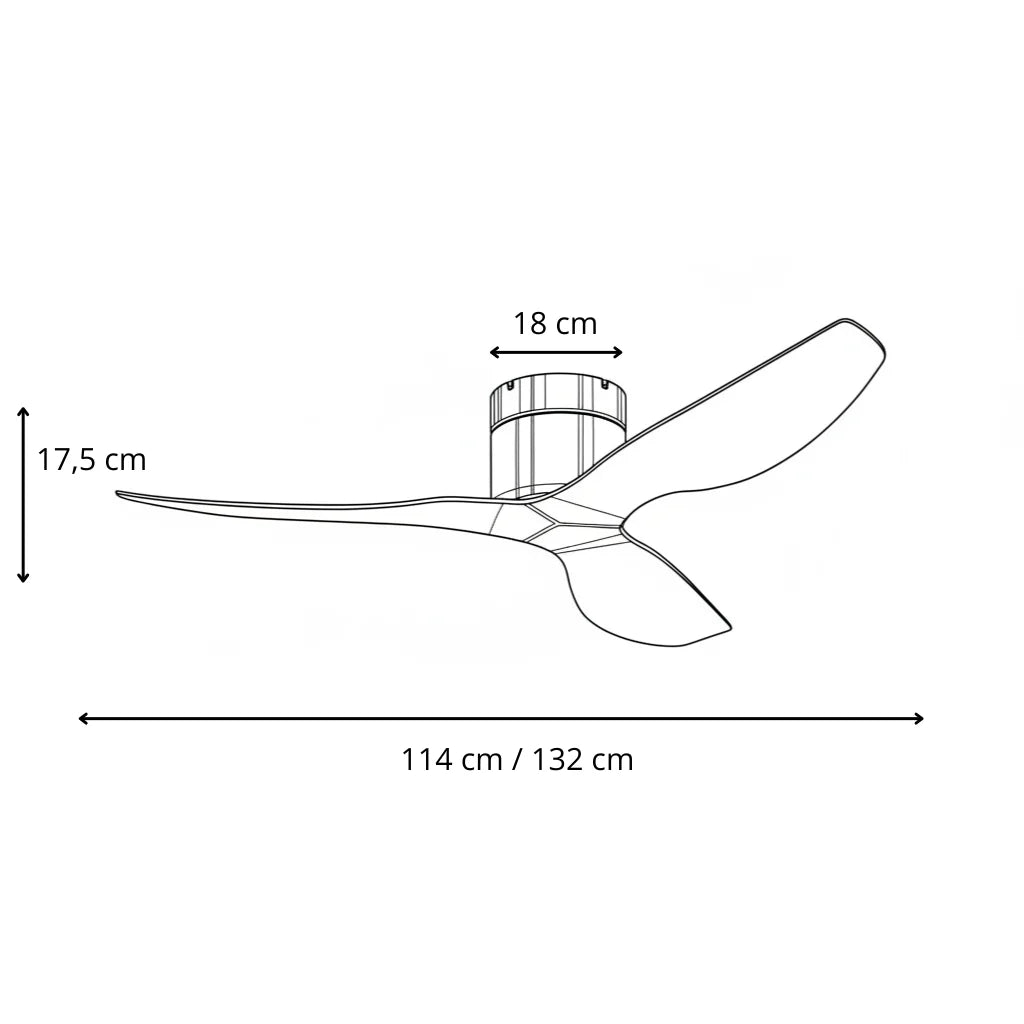 dimensions de ventilateur de plafond plat sans éclairage couleur bois clair et blanc