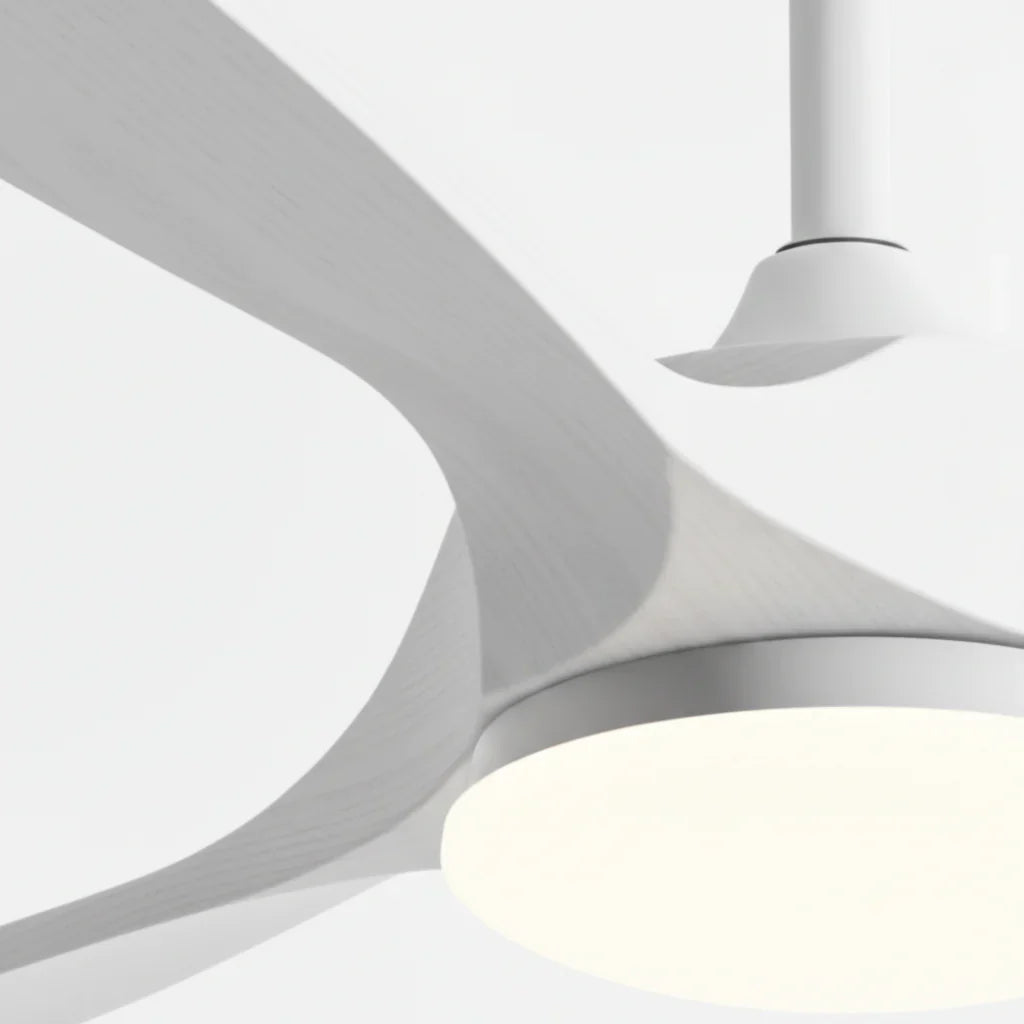 détails d'un ventilateur de plafond silencieux vintage à éclairage led en bois blanc