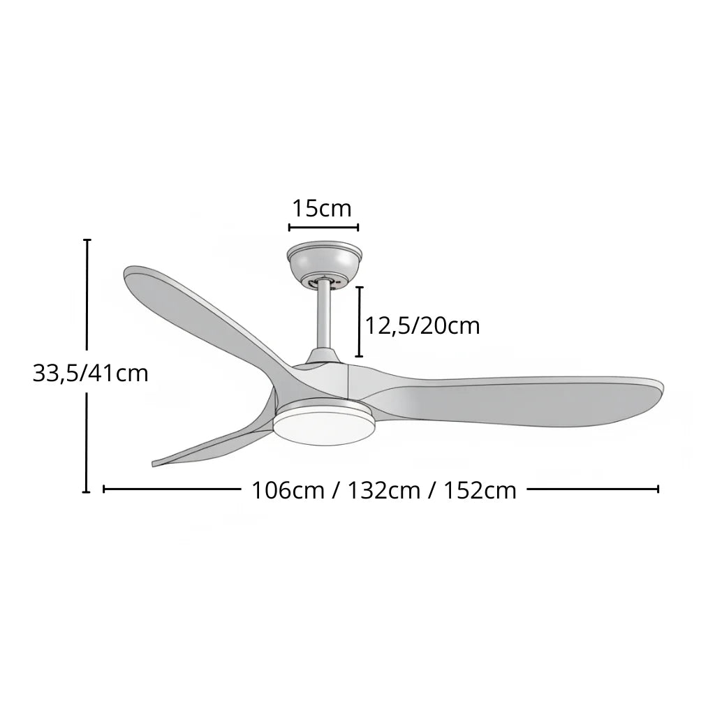 dimensions de ventilateur de plafond silencieux vintage à éclairage led en bois blanc